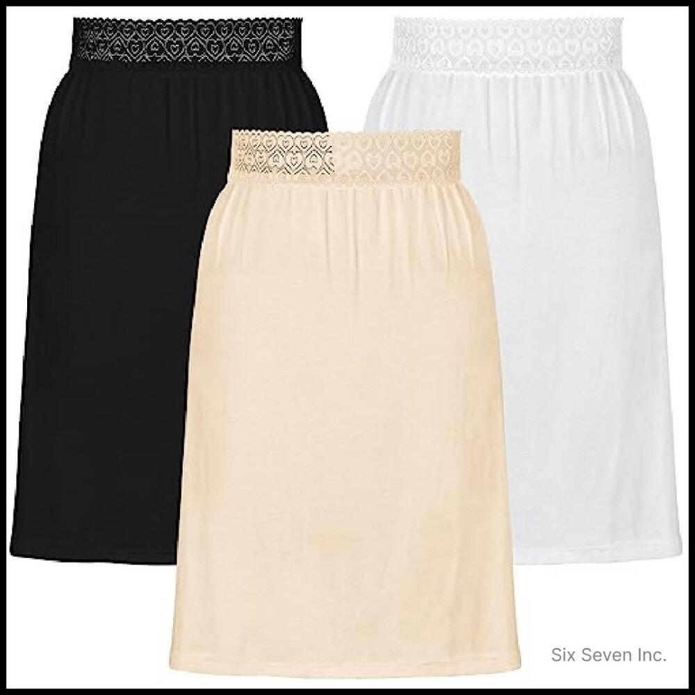 Knee Length Half Slips Set of 3 Lace Waistband Elegant Minimal Chic - Picture 2 of 8